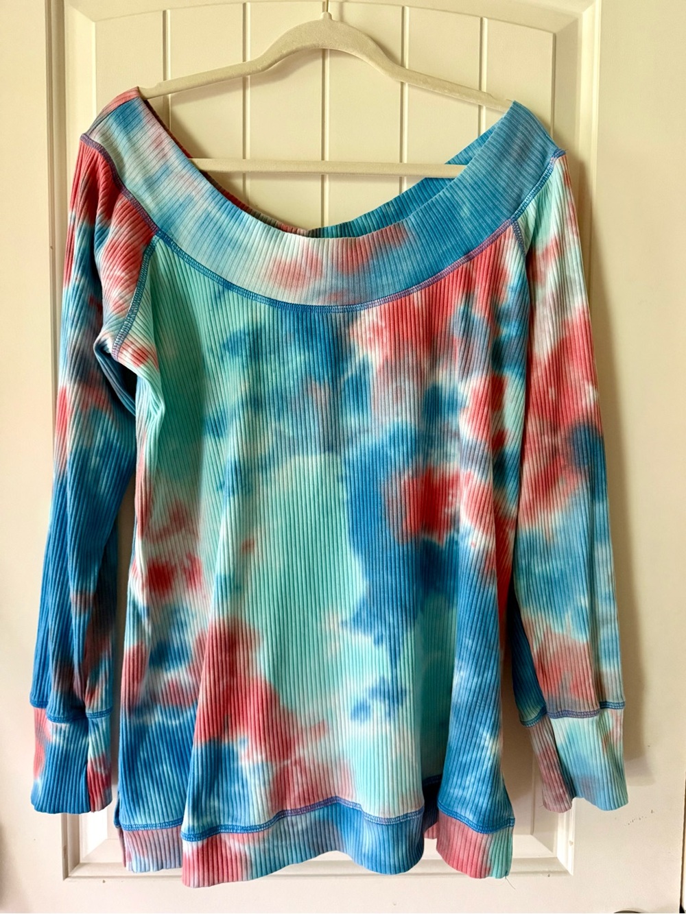 Suzanne Betro Tie-Dye Off-Shoulder Ribbed Long Sleeve Top - Blue, Coral & Mint